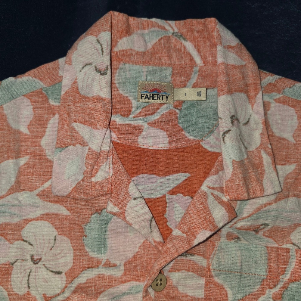 Faherty Kids Hawaiian Shirt Size 6 Coral Teal Floral Linen Tencel Blend